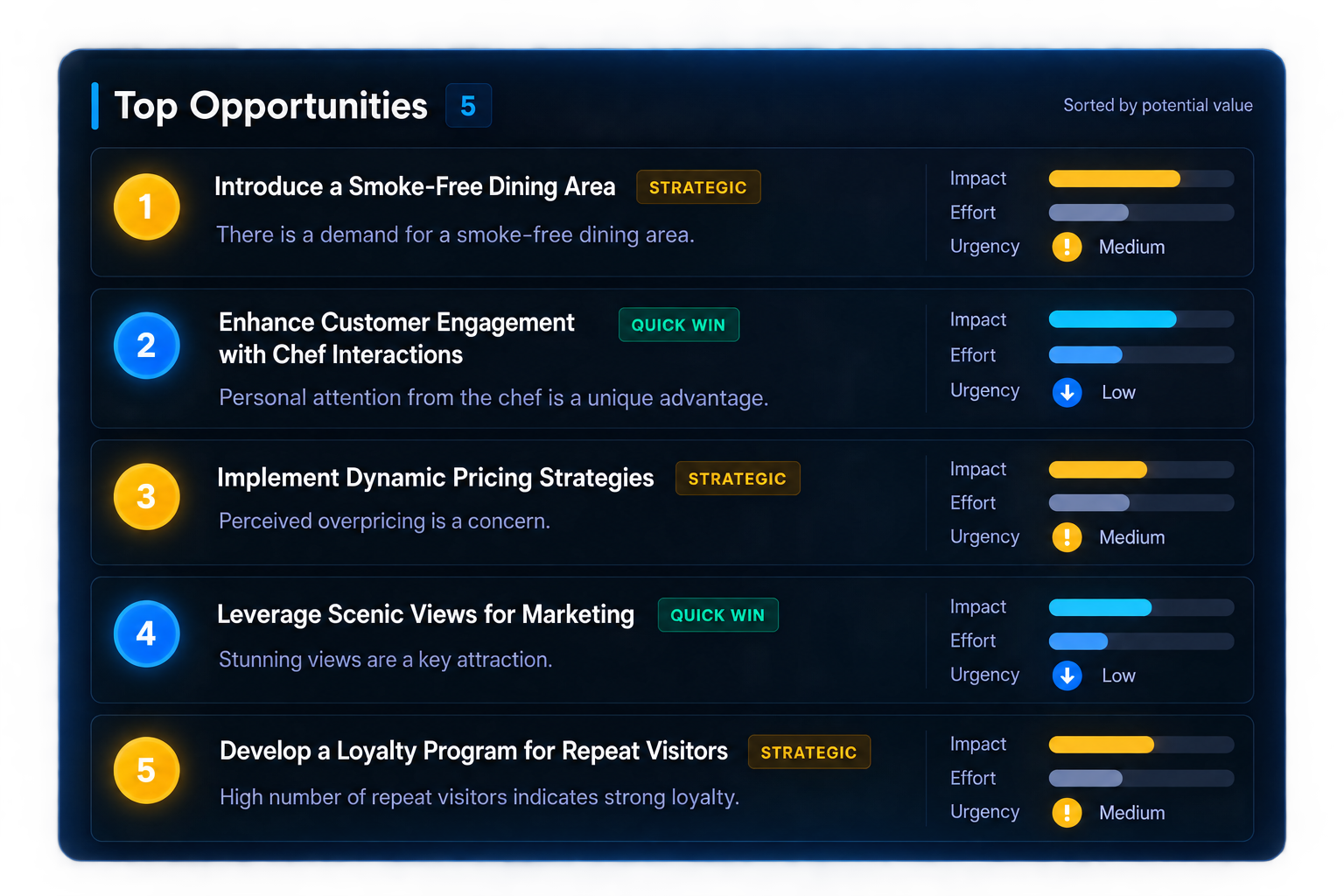 Top Opportunities list ranking five prioritized recommendations, each with impact, effort and urgency indicators, sorted by potential value.